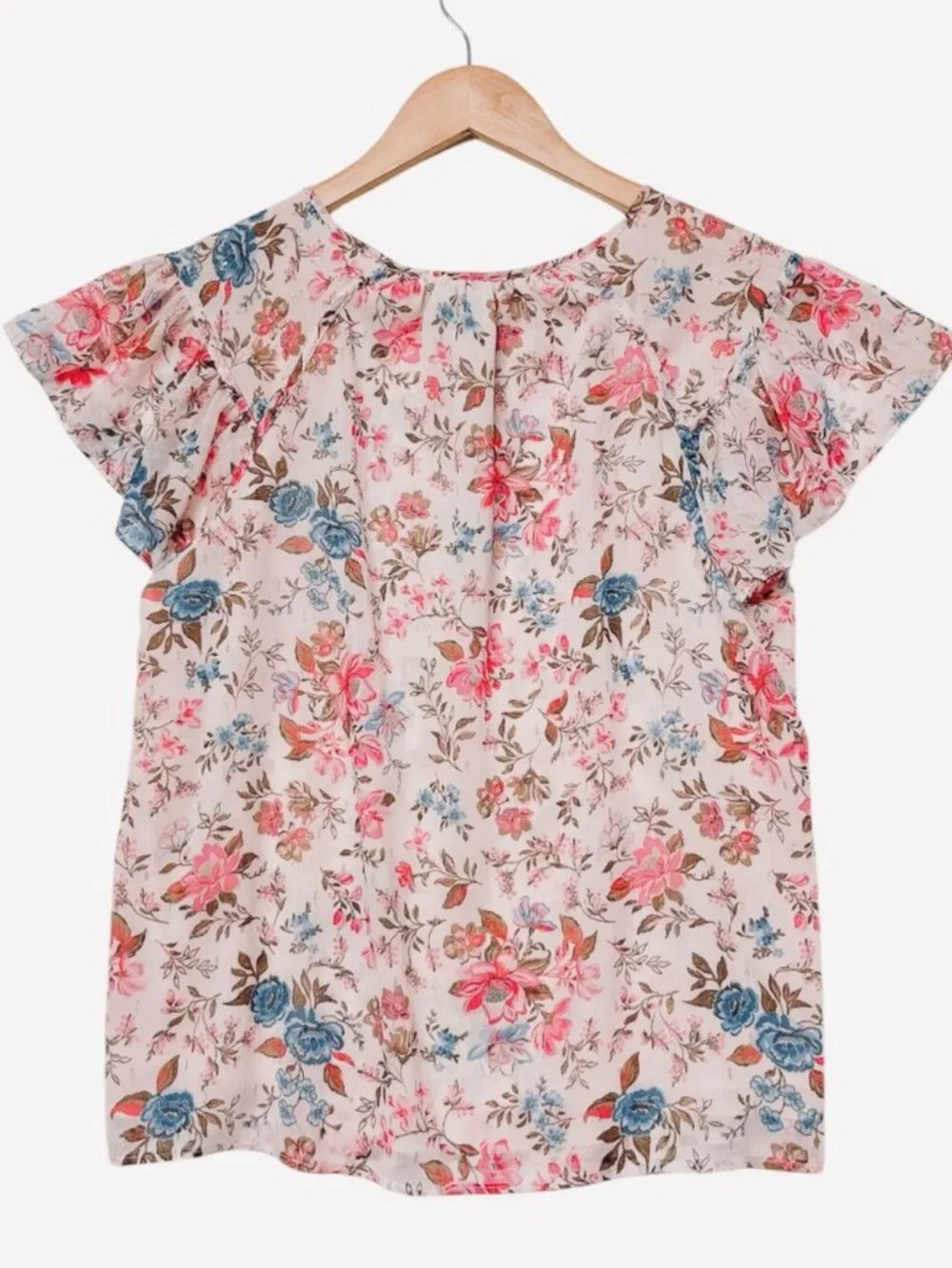 Joie Pink Floral Flutter-Sleeve Blouse with Blue Accents Women’s M - Picture 3 of 10